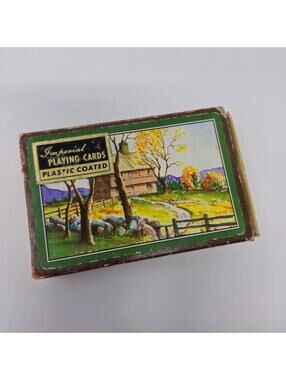 Vintage Playtime Plastic Coated Playing Cards USA Cottage Art Deck + 2 Jokers